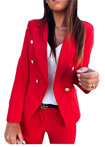 Blazer Femme, Élégant Chic Croisé Court Veste Blazers à Manches Longues Slim Fit OL Bureau Affaires Cardigan Vintage Manteau Blouson Rouge M Cover
