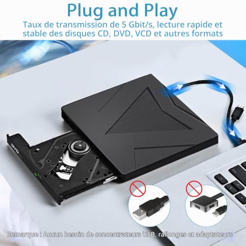RUIZHI Lecteur DVD CD Externe, USB 3.0 & Type-C Portable CD DVD +/- RW Graveur Lecteur Externe pour PC Portable Ordinateur de Bureau MacBook, Compatible avec Windows/7/8/10/11/XP/Linux/MacOS – vue 3