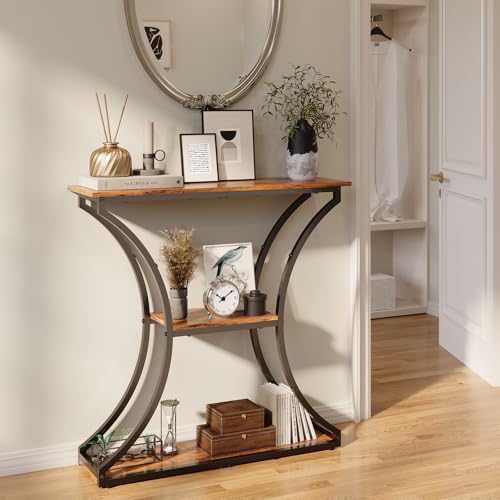 Narrow Rustic Console Table with Shelves for Entryway