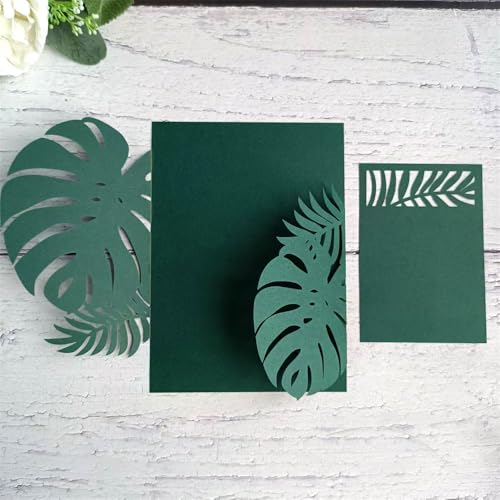 Biglietti d'invito tagliati al laser con foglie di palma verdi, 25 pezzi per annunci di matrimonio con buste. Biglietto di matrimonio tropicale.