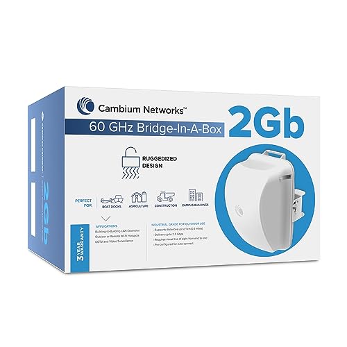 Cambium Networks 60 GHz Bridge in a Box 2 Gb- Extended Connectivity Up to 0.3 Miles (500 Meters)- 3.6 Gbps Throughput- LAN Extension- Backhaul for Outdoor/Remote Wi-Fi Hotspots-(US cord)- C600510C020A