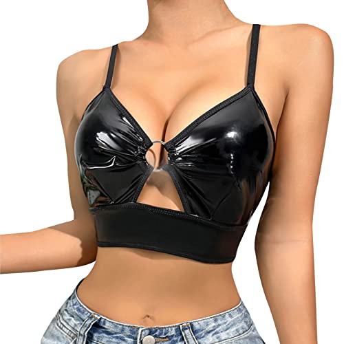 Generisch Damen PU Dessous Schnalle Riemchen Ausschnitt BH Bügel Push Up Bralette Offene Brust (Black, M)