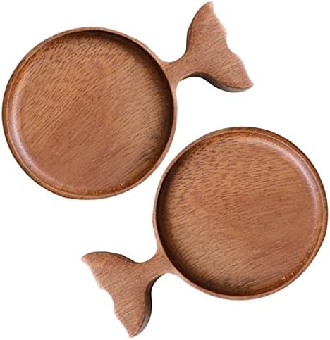 EORTA 2 Pack Sauce Dishes Wooden Appetizer Plates with Handle Fish Shaped Small Serving Tray for Coaster, Dessert, Jam, Sushi, 4.7x3.3 Inch