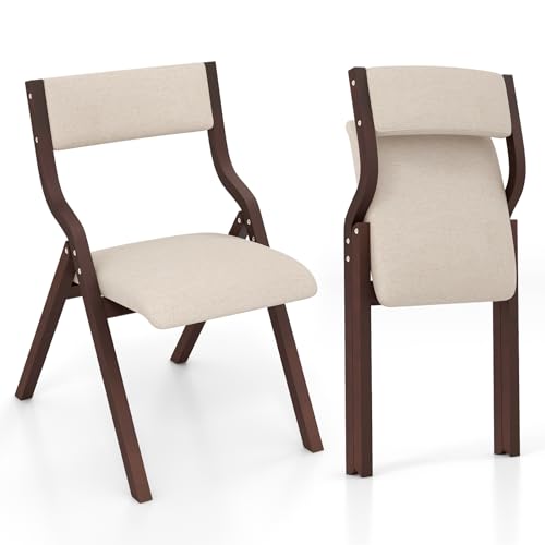 RELAX4LIFE Lot de 2 Chaise Pliante Bois, Chaise Pliable Salle a Manger avec Siège Rembourré, Cadre Courbé, Housse en Lin, Peu Encombrante, pour Cuisine, Salle à Manger, Bureau (Noyer,1)