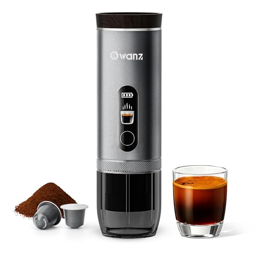 Owanz Electric Portable Espresso Machine, 20 Bar Travel Coffee Maker Self-Heating with 9000mAh Battery, Compatible with Ground Coffee & NS Capsule for Camping, Car, RV, Hiking (Silver)