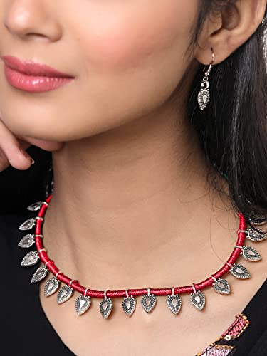 Image of Yellow Chimes Women and Girls Traditional Silver Oxidised Choker Jewellery Set - Black