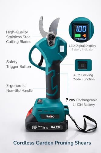 Image of KAITO 21V Cordless Electric Pruning Shears | 25mm High Carbon Steel Blade Branch Cutter | Digital Display | Rechargeable Garden Pruner for Fruit Trees, Plants & Hedges | Green-Black