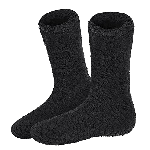 BXT Unisex Fuzzy Slipper Socks Floor Sock with Non Slip Grips, Gifts for Men Women Dad Mom (Black)4