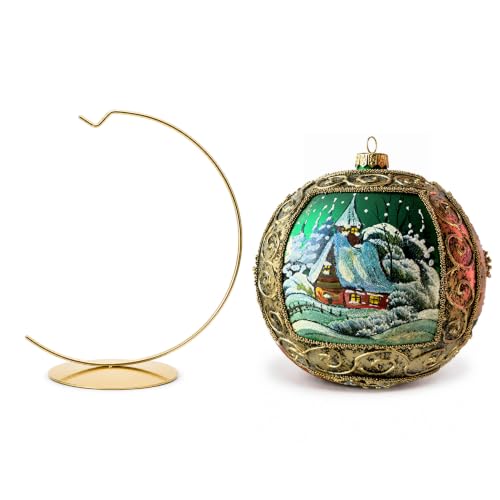 Hand Blown Glass Ball Christmas Ornament, 6 in, Winter Charm Gold