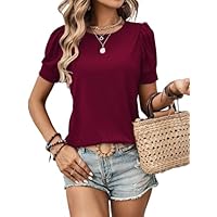 Zeagoo T-Shirt Damen Elegant Kuzarm Tops Sommer Rundhals Oberteile Basic Tshirt Lässige Einfarbig Bluse Casual Lockere Shirts Weinrot L