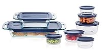 Pyrex Easy Grab Glass Bake 'N Store Glass Food Containers with Blue BPA Free Plastic (16 Piece Set)