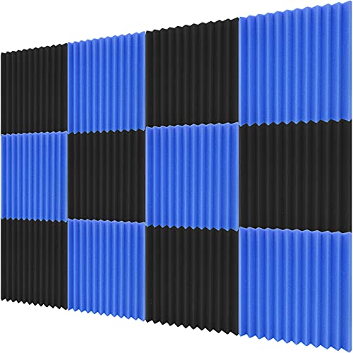 12 Pack Acoustic Foam Panels,2" X 12" X 12" Acoustic Panels,Wedges Sound Proof Foam Panels,Studio Foam for Walls Sound Absorbing Panels,Sound Proof Padding,for Home Studio Ceiling(Black+Blue)