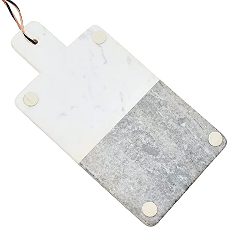 Boho 2-Tone Marble Charcuterie Or Cutting Board With Brass Inlay And Leather Tie, Gray And White #TOP6
