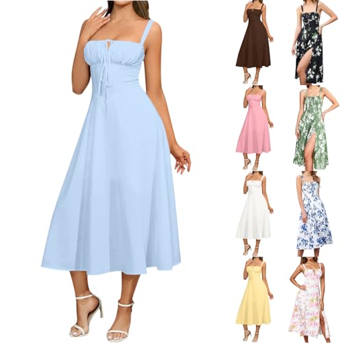 Milkmaid Dress Women Milk Maid Dress for Women Floral Corset Flowy Slit Dresses Summer Boho Spaghetti Straps Square Neck Midi Dress Vestidos Primavera Verano 2025