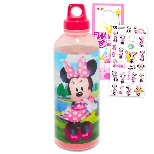 Disney Minnie Mouse - Juego de botellas de agua reutilizables – Paquete con botella de agua de plástico con tapa giratoria para el hogar, escuela, deportes, además de calcomanías, más contenedores