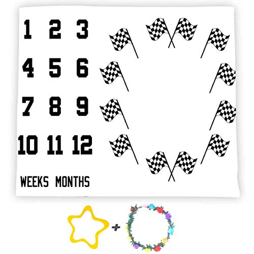 Image of F-FUN SOUL Race Car Flags Baby Monthly Milestone Blanket 48x40in Racing Sports Theme Nursery Blanket Newborns Mom Gifts Baby Shower Growth Tracker with Bonus Marker DSFS130