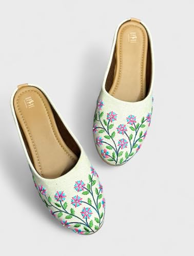 Image of OPIVE's Mehandi Women's Mojari Jutti Ethnic Punjabi Juttis Traditional Flat Embroidered Canvas Fancy Bellies Comfortable Sole for Womens & Girls