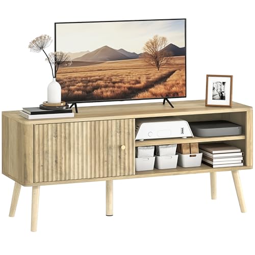 HOMCOM Meuble TV 115 cm, Meuble télé pour téléviseur jusqu'à 55 Pouces avec Placard à Porte, Compartiments Ouverts et étagère réglable, Pieds en pin,...