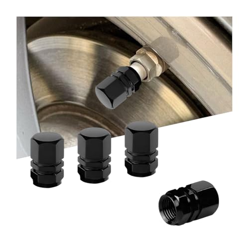 Ywdiml 4PCS Car Tire Stem Valve Caps, Aluminum Alloy Leak-Proof Vehicle Valve Stem Covers with Rubber O-Ring, Hexgon Automotive Tyre Air Cap, Universal for Motorcycle Sedan Truck (Black)