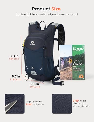 SKYSPER 15 l Plecak turystyczny dla kobiet i mężczyzn, mały plecak turystyczny, oddychający, lekki do podróży, trekkingu, wędrówek i uprawiania sportów na świeżym powietrzu, Niebieski, 15L