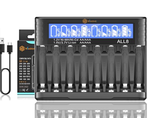 WISSBLUE ALL8 LCD Battery Charger 8-Bay, USB C Fast AA AAA Battery Charger for 1.2/1.5V/VNi-MH/Ni-CD/Rechargeable Batteries