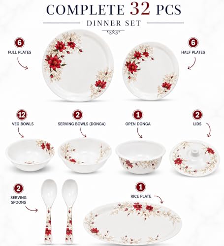 Image of Arova 32 Pieces Melamine Dinner Set for 6 Persons | Unbreakable & Lightweight Crockery Set | Serving Bowls, Spoons & Lids | Dishwasher Safe Dinnerware Set (Crimson Gold)