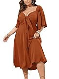 SCOMCHIC Plus Size Summer Dress Casual Short Sleeve Bow Tie Deep V Neck Smocked Button Down Midi Flowy A-line Boho Dresses
