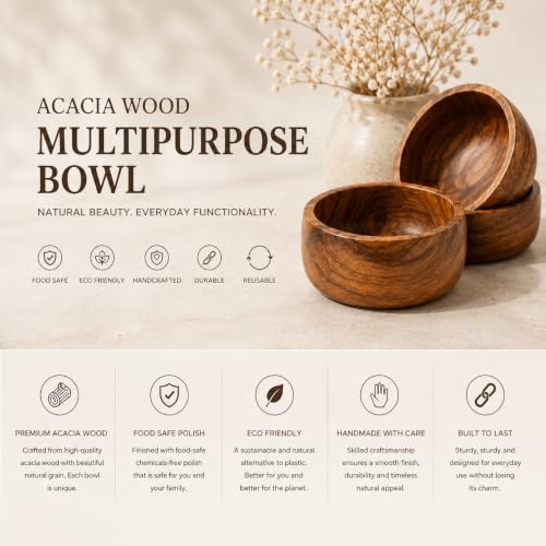 Image of BAUZINI Acacia Wood Bowl Natural Wooden Serving Bowls for Snacks, Dry Fruits, Salad, Fruits & Desserts Handcrafted Food Safe Wooden Bowls Premium Kitchen & Dining Bowl Set (pck of 6)