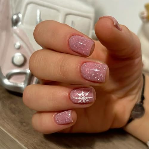 24Pcs Christmas Press on Nails Short Square, VGNRAR Pink Glitter