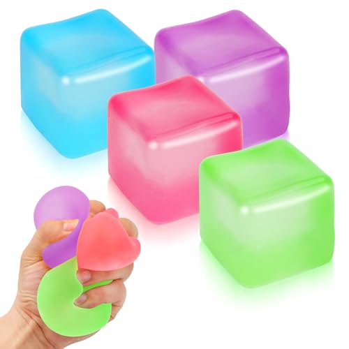 4 Pack Stress Cube Sensory Fidget Toys for Anxiety Stress Relief, Slow Rising Fidget Cube Squeeze Toys, Squishy Cube Filled with Thick Substance, Ice Cube Stress Balls for Adults Kids