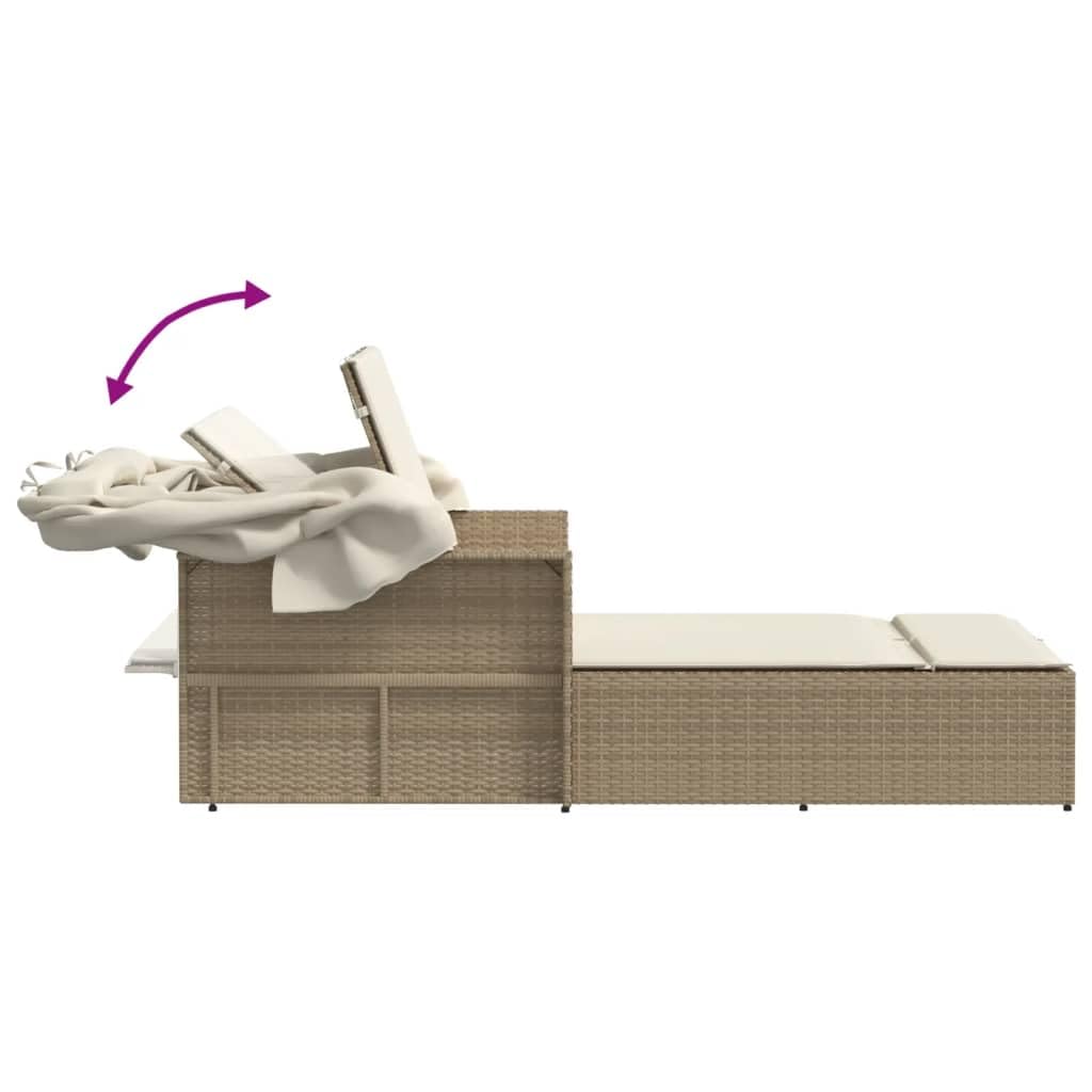 Homgoday Lettini da Giardino,Lettino Doppio con Baldacchino e Cuscini Beige in Polyrattan,Lettini Prendisole, Divano Letto Mobili, Lettino da Piscina, Lettino Prendisole da Giardino