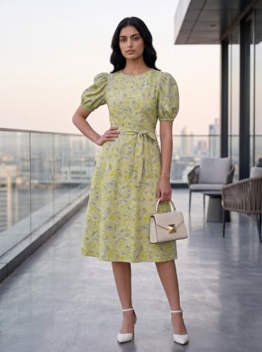 Image of HELLCAT Women Floral Fit & Flare Midi Dress | Round Neck, Puff Short Sleeve, Waist Tie-Up Belt | Casual Brunch Wear, Western One Piece, A-Line Long Frock, Summer Party Outfit