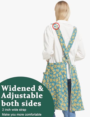 Image of Cozy Adjustable Cross Back Aprons for Women with Pockets Cotton Linen Cooking Kitchen Baking