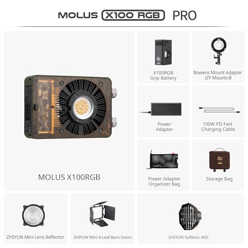 Image of ZHIYUN MOLUS X100 RGB PRO 100W Video Light [Official] V2 Upgraded Version Professional Photography Lighting Portable Continuous Output Lighting 2500K~10000K CRI≥95 TLCI≥97 Only 384g (Green Collab)