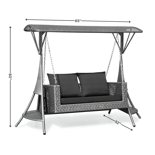 Image of Outdoor Swing with Stand & Roof Double Seater for Balcony, Garden | Weather Resistant Rattan & Wicker Hammock Jhula for Adults (Silver & Black)