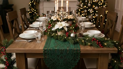 rockcloud Green Lace Table Cloth Runner for Christmas Party Table Decor by Rockcloud - Used condition - Image 2