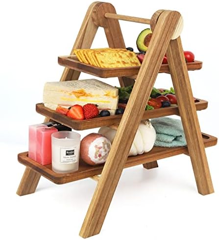FENGPEI Non-Slip 3 Tier Wooden Serving Tray, Three Tiered Cupcake Stand, Wood Serving Platters for Home, Party Banquet. Wooden Rectangular Tray for Food, Vegetables, Fruits, Cakes, Cheese, Donuts.