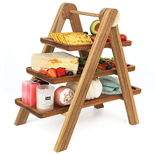 Fengpei Non-Slip 3 Tier Wooden Serving Tray, Three Tiered Cupcake Stand, Wood Serving Platters For Home, Party Banquet. Wooden Rectangular Tray For Food, Vegetables, Fruits, Cakes, Cheese, Donuts. #TOP3