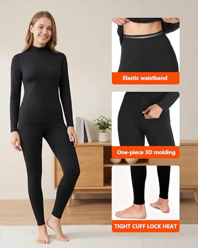 Image of JZCreater Women Thermal Underwear Set, Long Johns Base Layer Top & Bottom, Women Soft Pajama Set for Cold Weather
