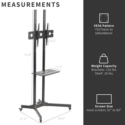 VIVO Tall TV Cart for 32 to 83 inch Screens up to 110 lbs, LCD LED OLED 4K Smart Flat and Curved Panels, Rolling Stand with Laptop DVD Shelf, Locking Wheels, Max VESA 600x400, Black, STAND-TV13E by VIVO - Image 3