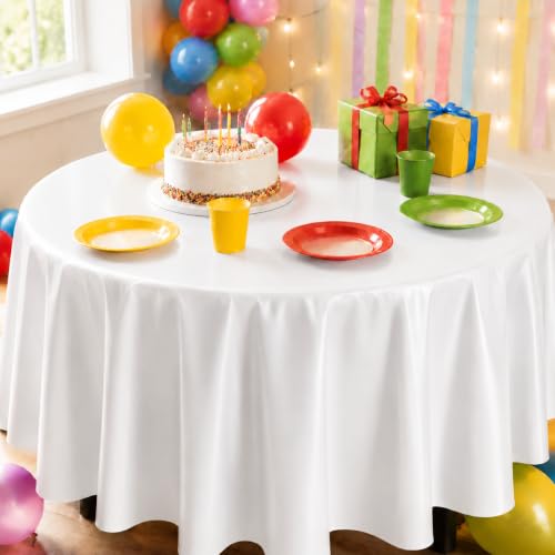 Image of Party Dimensions White Disposable Plastic Tablecloth, Round, 84 inch, 12 Pack | Disposable Waterproof Table Cover for Birthdays, Weddings, Graduations, Picnics & BBQs, Indoor /Outdoor, Fits Tables up to 72 inch