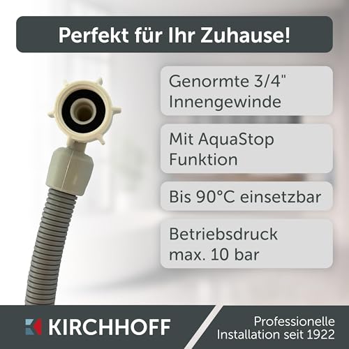 KIRCHHOFF 98657210 Waschmaschinenschlauch 1,5m, Zulaufschlauch mit 3/4 x 3/4 IG für Waschmaschine oder Spülmaschine, Wasserschlauch mit Aquastop