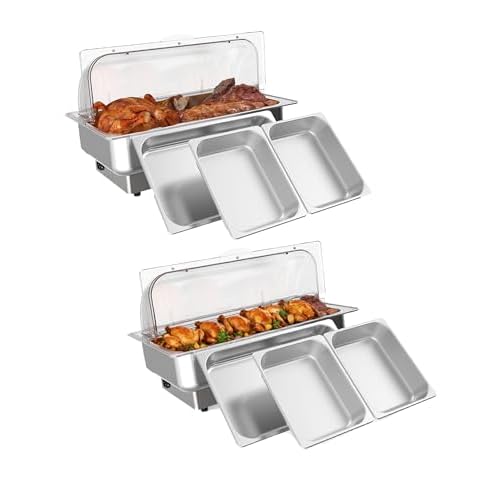 GarveeHome 2 Pack Electric Chafing Dishes Buffet Set, Roll Top Catering Chafer Server Food Warmer with Cover and 1 Full-Size Pan & 2 Half-Size Pans fo