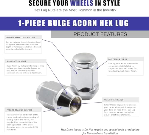 Image of Set of 24 Lug Nuts Closed End Bulge Acorn Lug Nut Style 1.38 inch Long Cone Seat 19mm (3 /4 inch) Hex Wheel Lug Nut (1 /2x20, Chrome)