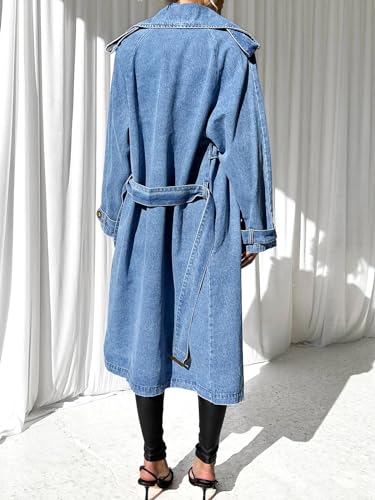 Fazortev Women's Long Double Breasted Denim Jacket Oversized Button Down Maxi Jean Coat Classic Lapel Outercoat2