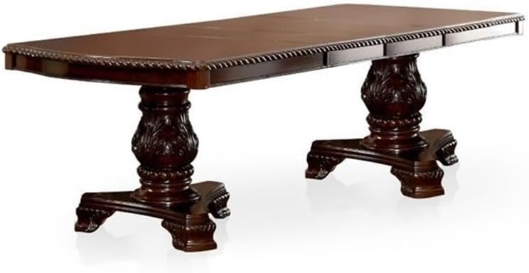 BOWERY HILL Wood Extendable Pedestal Dining Table, Brown Cherry Finish, 108" W x 44" D x 30" H, Solid Construction and Veneer, Traditional Style, Double Base, Expandable Leaves, Formal Dining Room