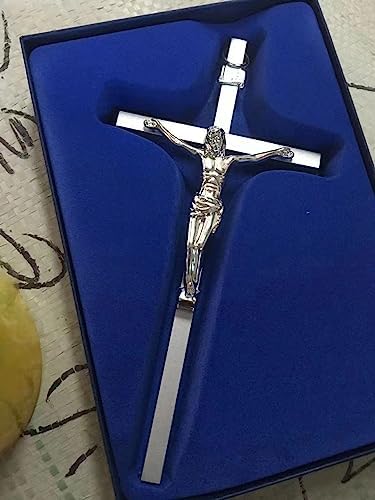 SWIMERY Crucifix Wall Cross,Silver Metal Slender Catholic Crosses for Room Decor, Cross (Hanging or Standing)-10Inch 10 x 5.1 x 0.7 inches