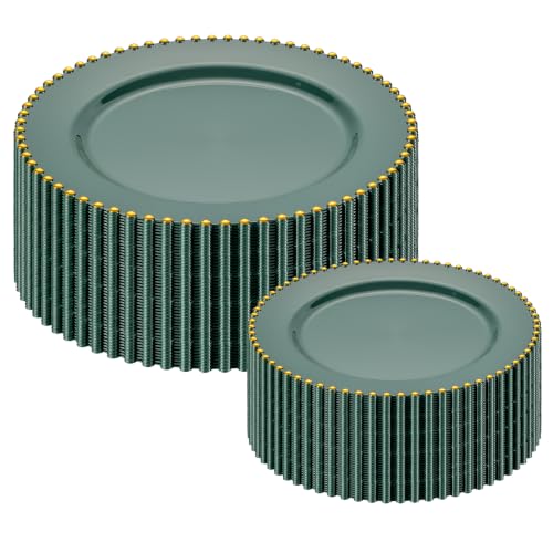 ISFANGCO 80pcs Green Plastic Plates with Gold Rim, Hard Green Disposable Plates, 40 Dinner&40 Dessert Plate for Party, Wedding, Beaded Disposable Plate