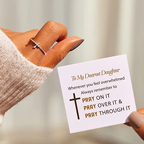 To My Daughter Cross Cubic Zirconia Ring Tiny Stacking Adjustable Ring Simple Middle Tail Finger Christian Faith Religious Jewelry For Women Girls Engagement Wedding Promise Statement Dainty Gift For Her Birthday Valentine's Day #TOP1