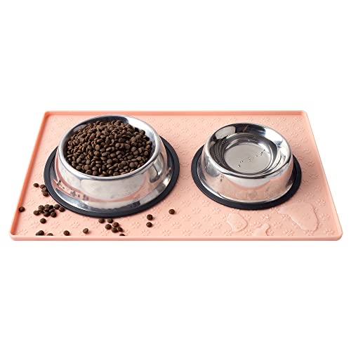 Coomazy Cat & Dog Feeding Mat, Sillicone Waterproof Pet Bowl Placement Tray dish wash safe to Stop Food Spills and Water Messes Out to Floor (M: 18.9x11.8in, Pink)